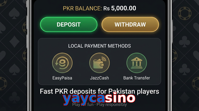 Deposit and withdrawal screen with PKR methods